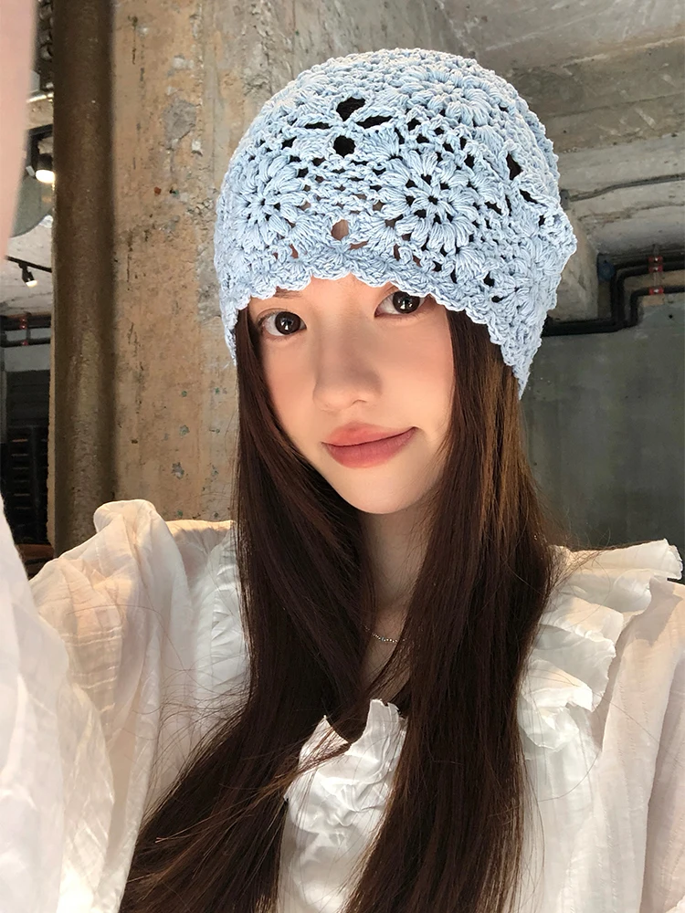 Retro Japanese Knitted Hollow out Tunic Hat Women's Spring Summer Thin Versatile Artistic Atmosphere Blue Overhead Hat