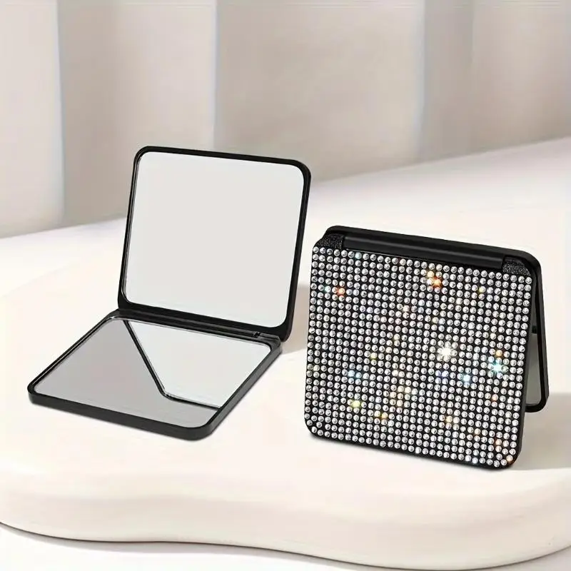 Glitter Rhinestone Compact Makeup Mirror Double Sided Foldable Portable Mini Size for Travel Purse Makeup Touch Up