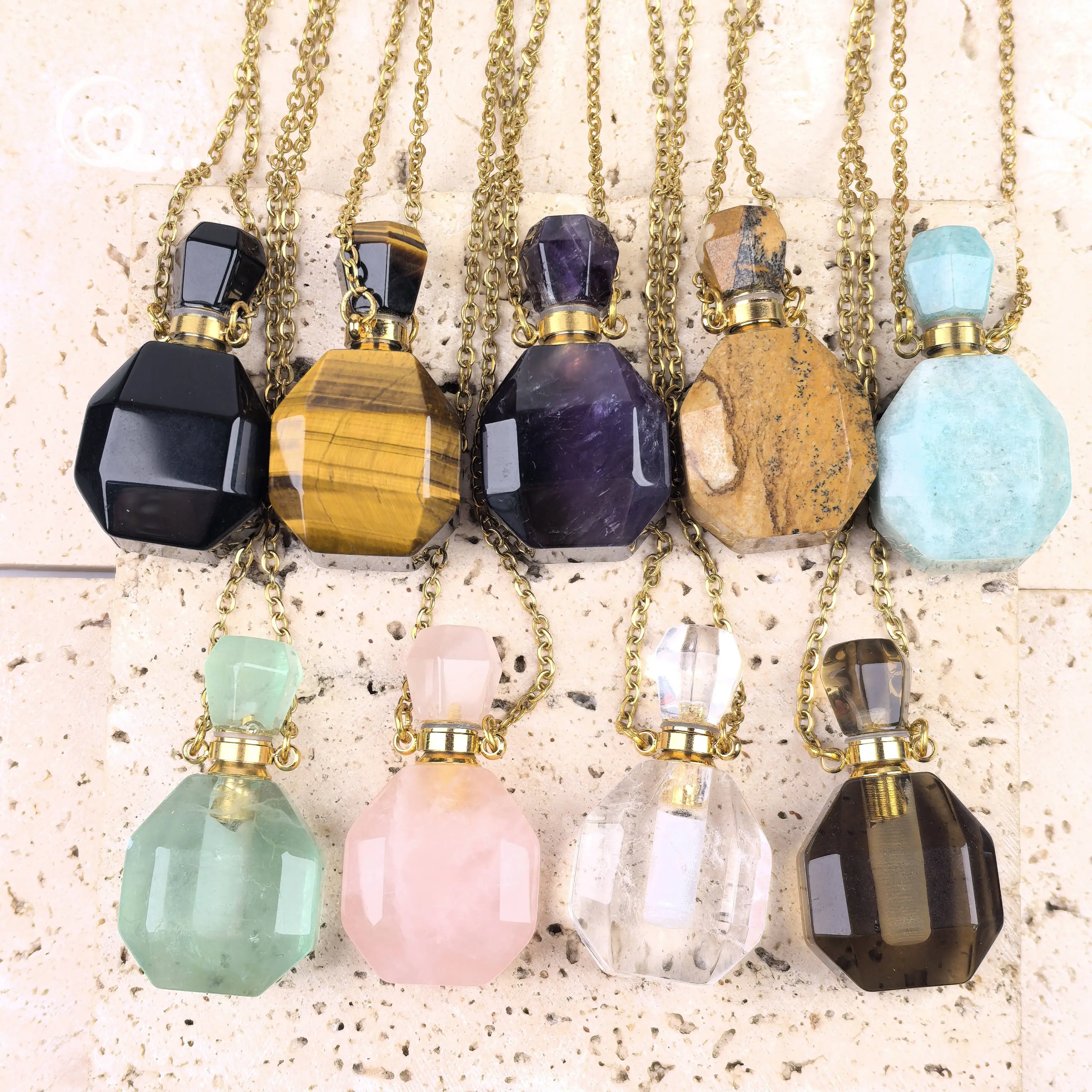 

Faceted Amazonite Essential Oil Diffuser Vial Charms Necklace Healing Crystal Quartz Perfume Bottle Pendant Chain Jewelry QC1177