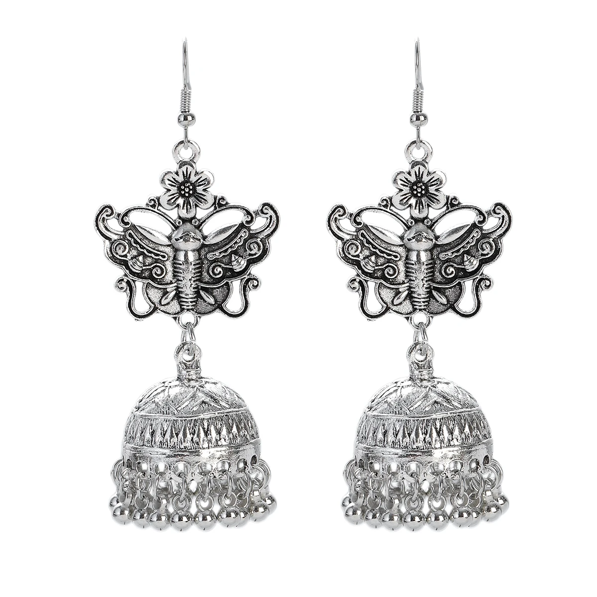 Vintage Silver Color Bohemian Earrings for Women Geometric Tassel Jewelry Metal Carved Round Heart Shape Dangle Earrings Gift