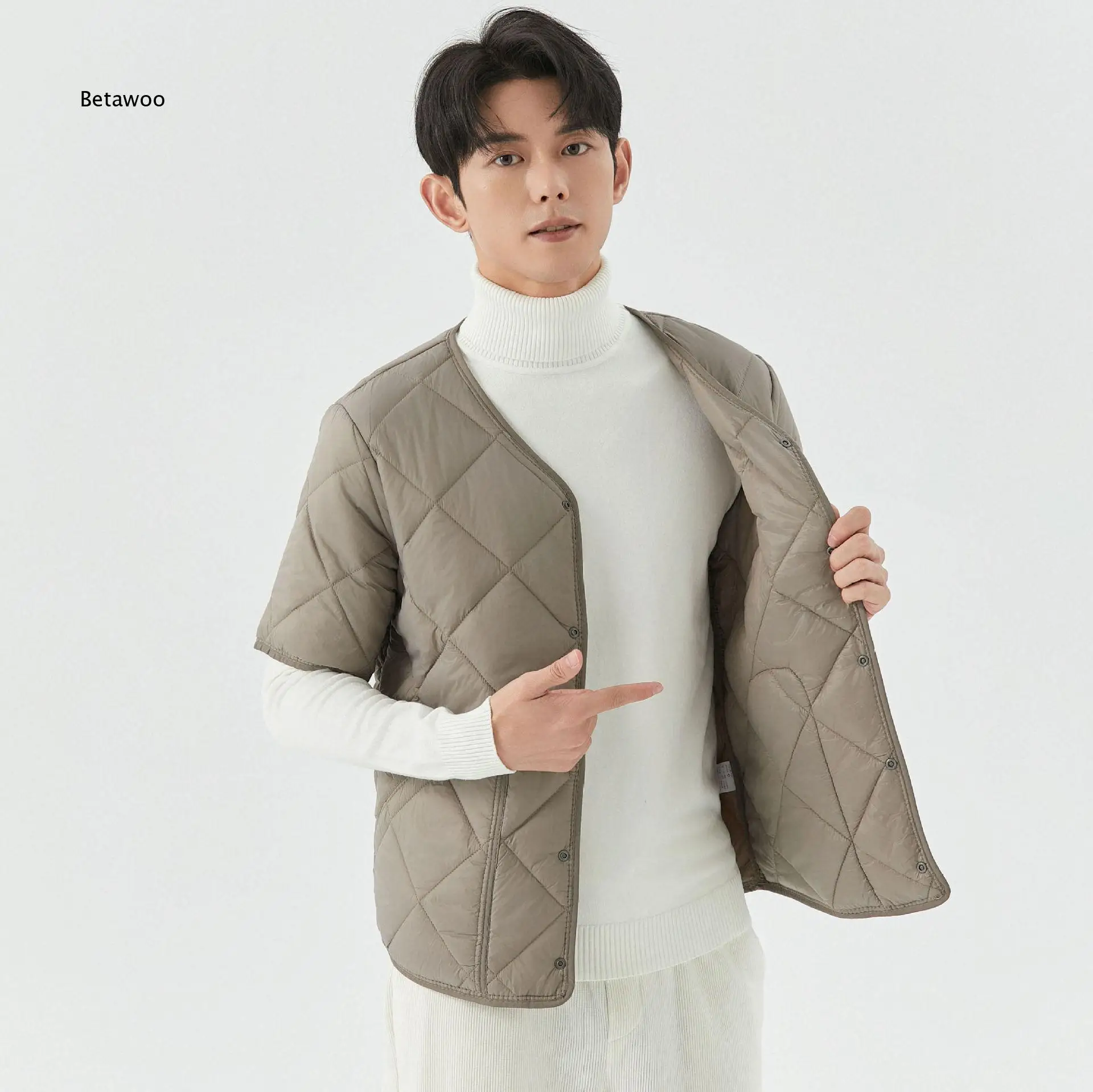 Men Short Sleeve Quilted Vest V Neck Snap Button Front Side Pocket Padded Inner Layer Jacket for Autumn Winter Daily Layering