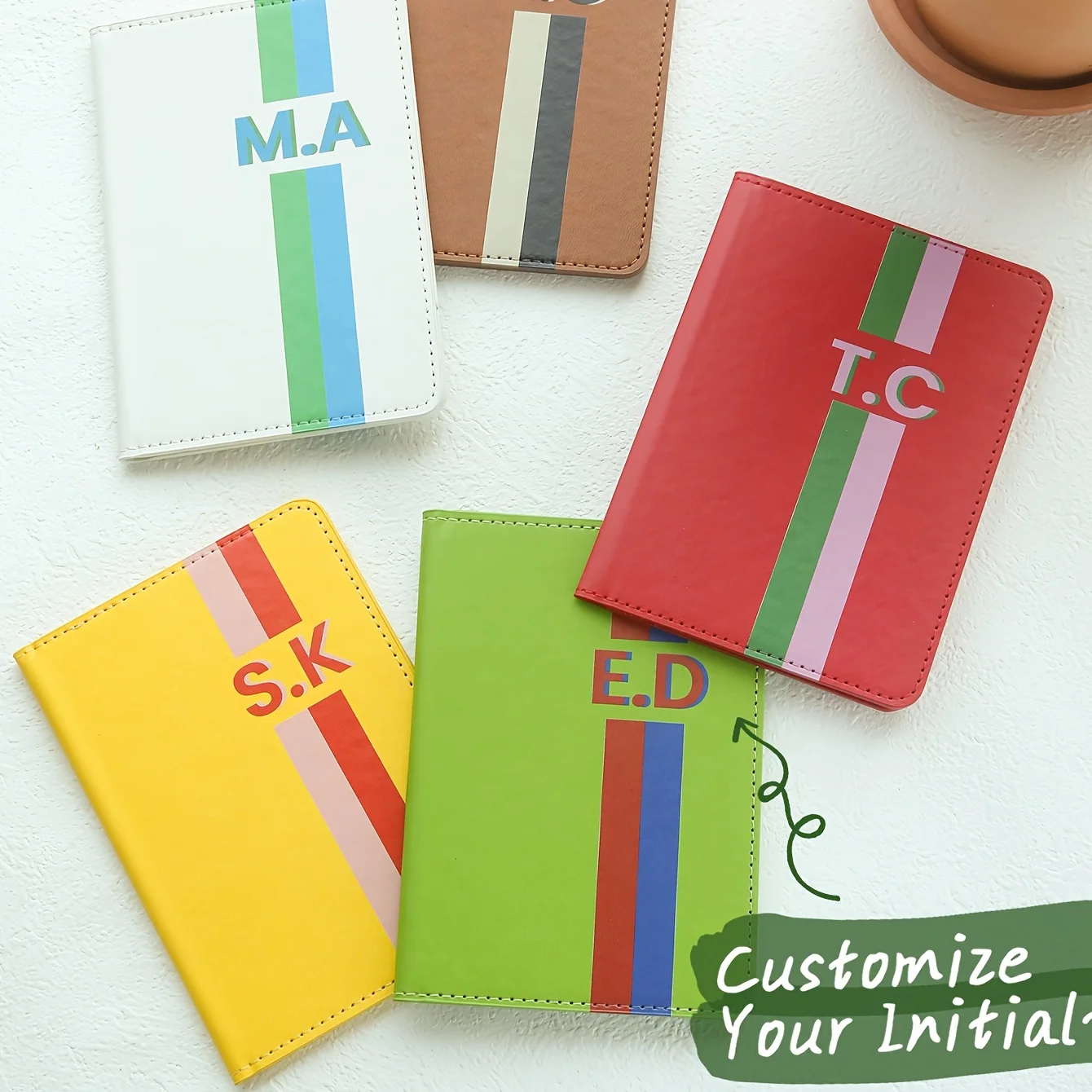 Personalized Passport Holder Featuring Classic Stripes, Customized with Initials. This Bright Monogrammed Faux Leather Cover