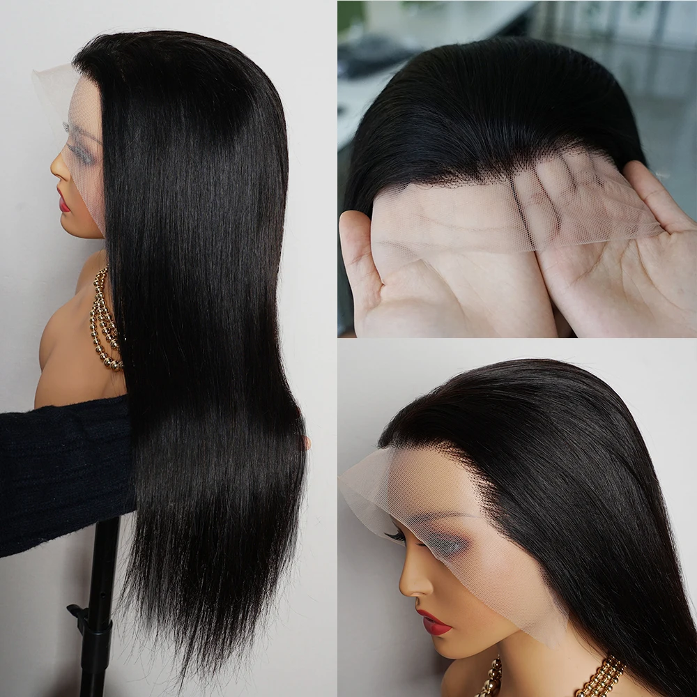 Peluca de cabello humano liso de 13x4, postizo de encaje Frontal transparente, Remy indio, cierre 4x4, 180%