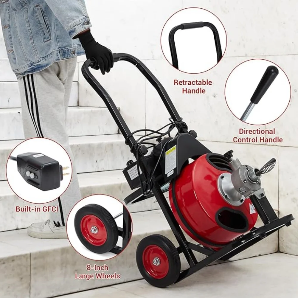 100FT 3/8in Self-Feed Drain Cleaning Machine with 370W Motor, Portable Sewer Snake Drill with 8 Cutters and Switch