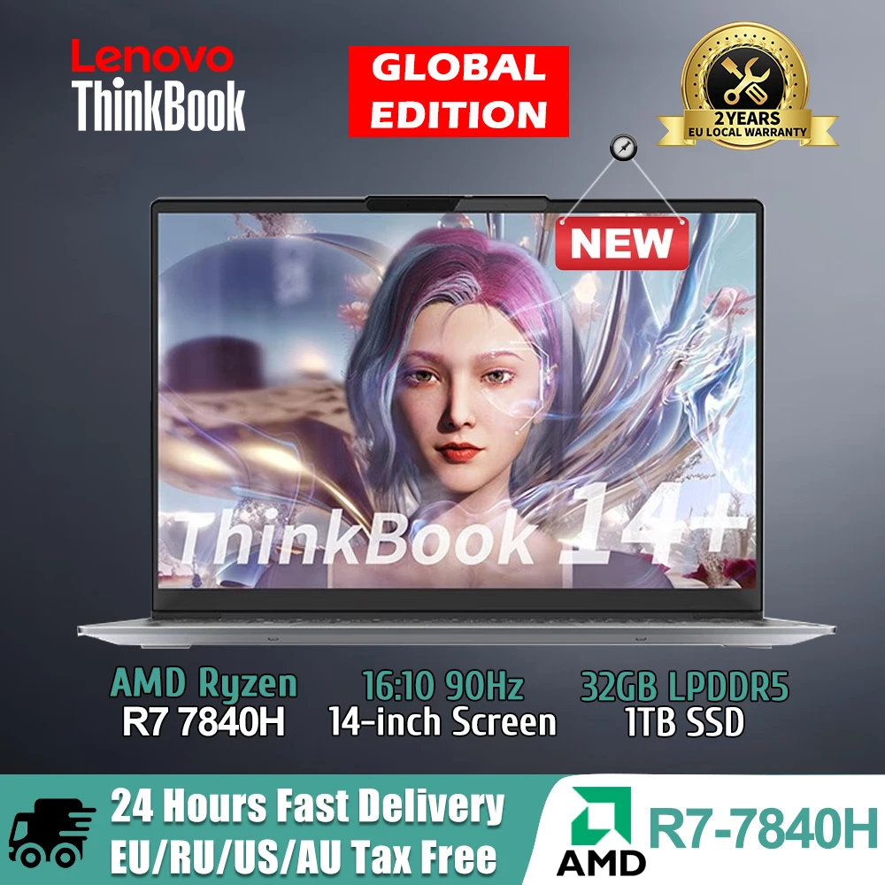 Lenovo ThinkBook 14+ Laptop AMD Ryzen R7 7840H Radeon 780M 16G/32GB RAM 512G/1T SSD 14-inch 2.8K 90Hz IPS Screen Notebook PC