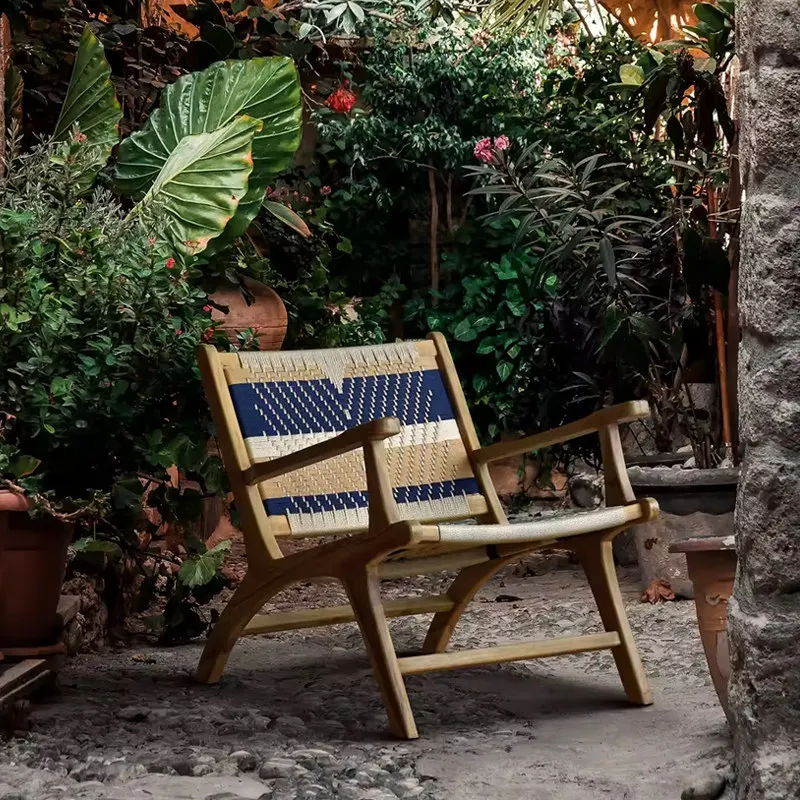 

HYS Outdoor Solid Wood Single Lounge Chair Vintage Resort Hotel Patio Teak Armrest Sofa Chair