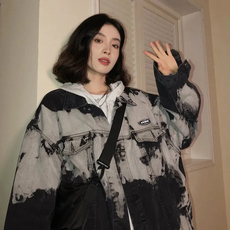 Coat Women 2023 Spring and Autumn New Loose Casual Design Sense Niche Vintage Tie-dyed Denim Cardigan Shirt Button Commuter WLF1