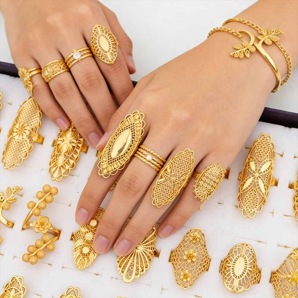 

Luxury 18K Gold Plated Rings Copper Party Women Adjustable Long Rings Fashion Wedding Bride Round Opening Lady Finger Ring Gift