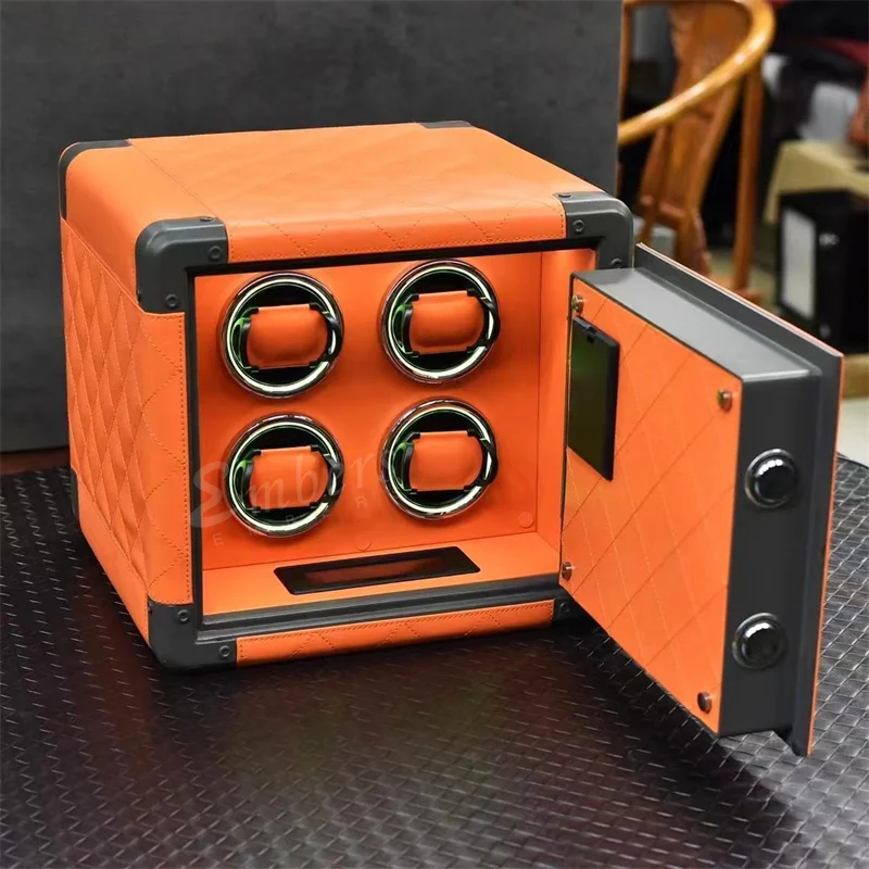 Embers 2023, Mini caja de seguridad enrolladora de reloj de cuero de lujo, caja de almacenamiento de reloj naranja y negro, pantalla táctil de 4 ranuras con lámpara de ambiente