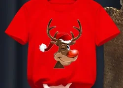 Summer New Deer Merry Christmas Red Kid T-shirts Cotton Children Baby Red Harajuku Clothes Boy Girl Tops Gift