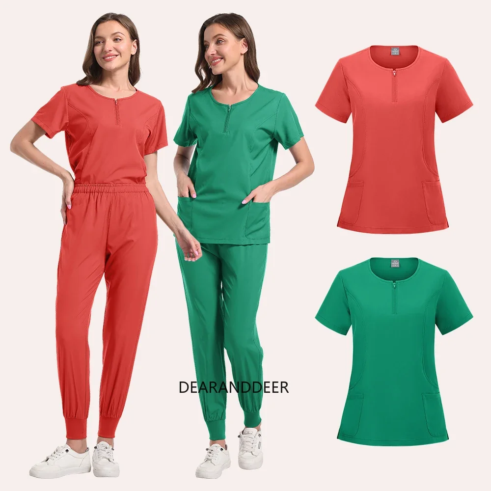 Hospital doctor and nurse uniforms V-neck solid color surgical workwear Fashionable  set for women sports top + pants