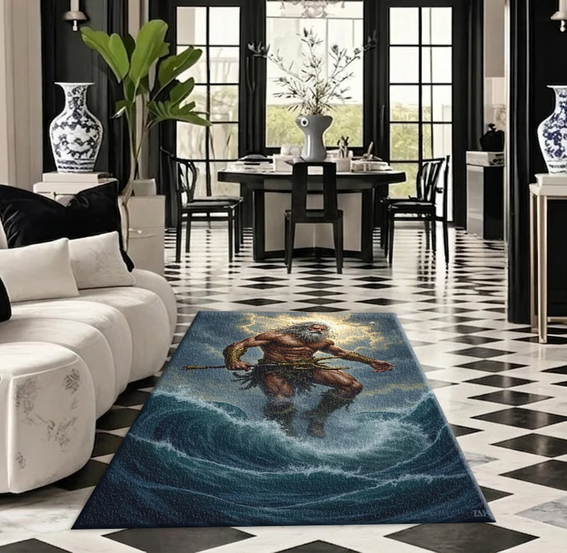 Greek Mythology Sea God Poseidon Carpet Ocean Waves Thunder God Art Print Square Rug Suitable for Study Room Decoration