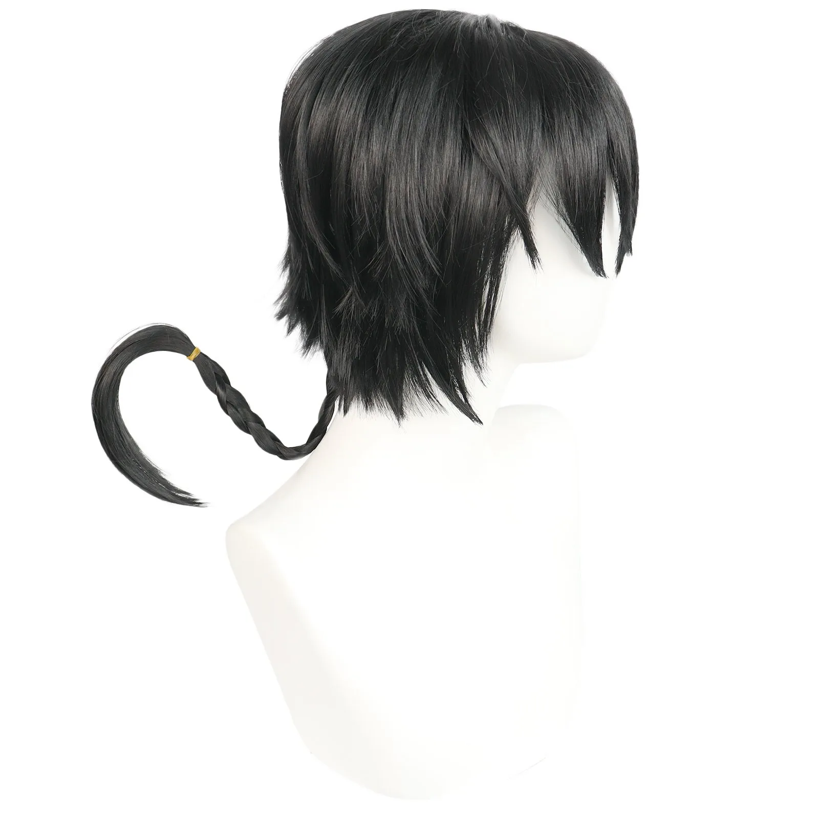 Anogol Synthetic Saotome Ranma Cosplay Wig Anime Ranma 1/2 40CM Black Short Wig Braid Hair Machine Made for Halloween Party