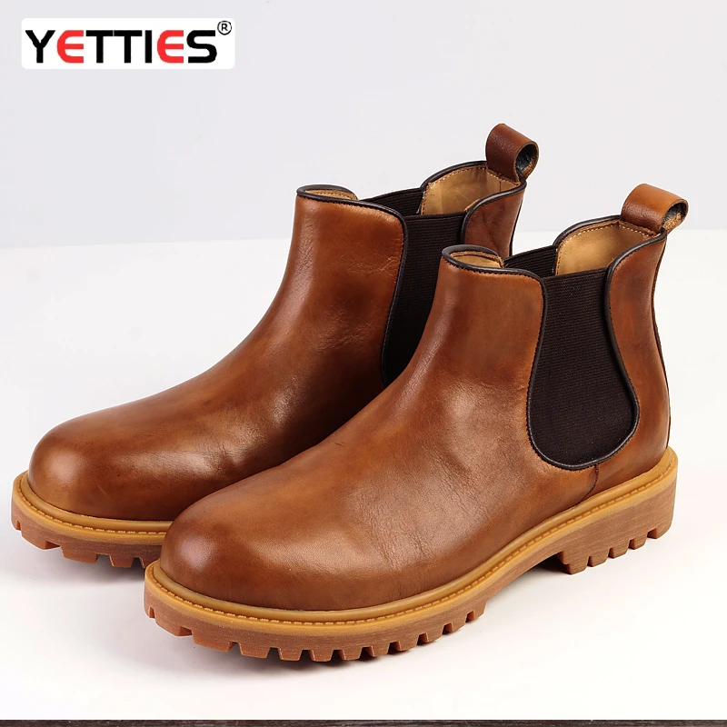 Men's Low Heel Leather Ankle Boots Retro Cowhide Motorcycle Boots Love Chelsea Ankle Boots Thick Sole Non-Slip Dress Boots