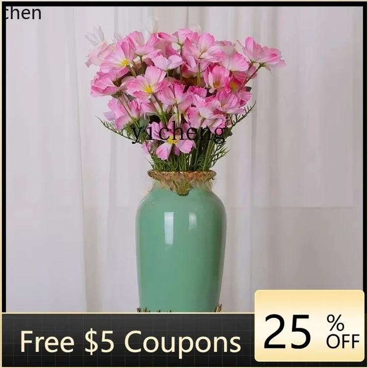 L3-20   green ice crack ceramic with copper vase tissue box living room entrance fireplace