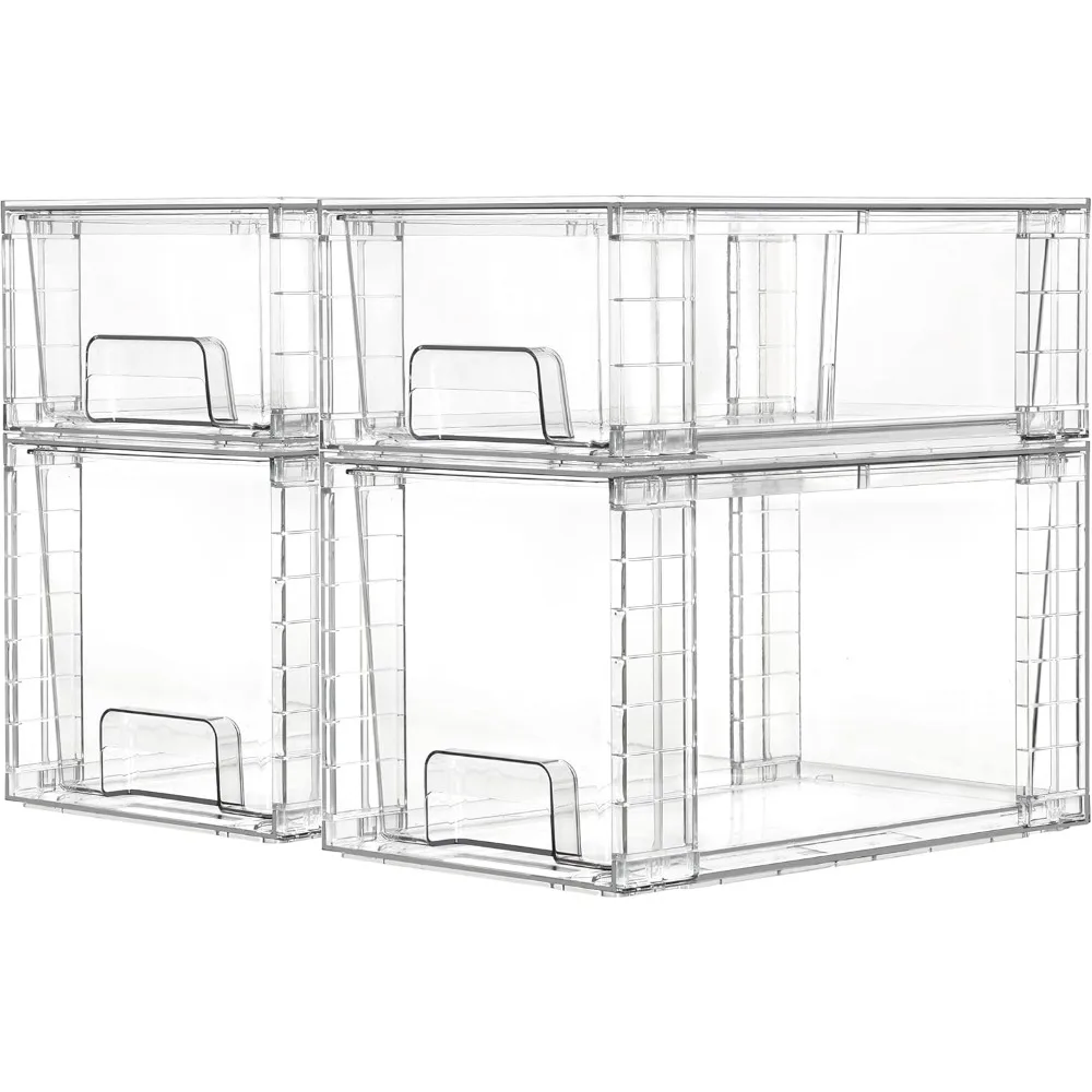 

4 Pack Clear Stackable Storage Drawers,Easy to Assemble Bathroom Organizers and Storage with handles,Plastic Drawers for Kitche