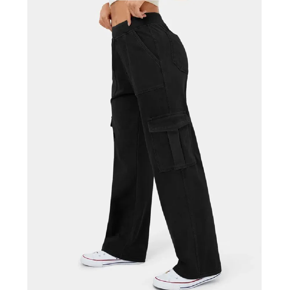 European and American large-sized solid denim fitness pants for women High elastic multi pocket sports and leisure workwear pant