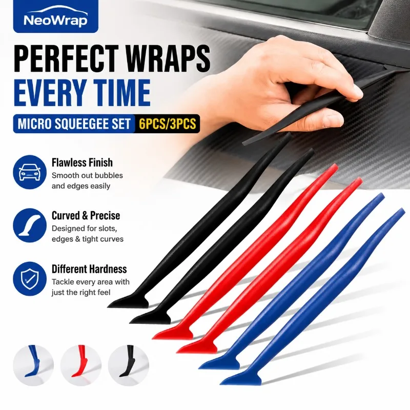Kit de micro-raclettes pour voiture 6 pièces/3 pièces, outils de pose pour courbes et fentes, raclettes ABS de différentes duretés pour l'installation de films de protection automobile