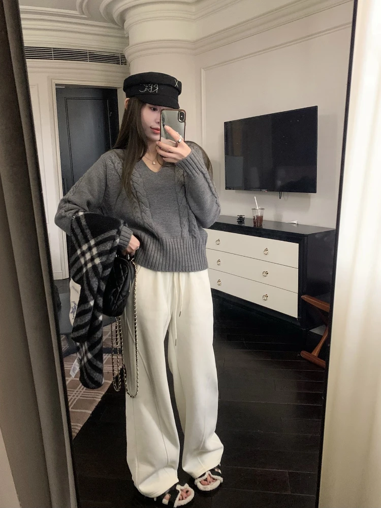 

Новый осенне-зимний женский однотонный свитер с длинными рукавами и v-образным вырезом в стиле ретро, модный и повседневный свободный вязаный свитер, блузка