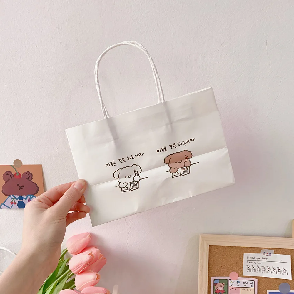 Korean Style Ins Puppy Printed Packaging Bag Simple White Kraft Paper Tote Bag Cartoon Gift Sundries Storage Organizer Cosmetics