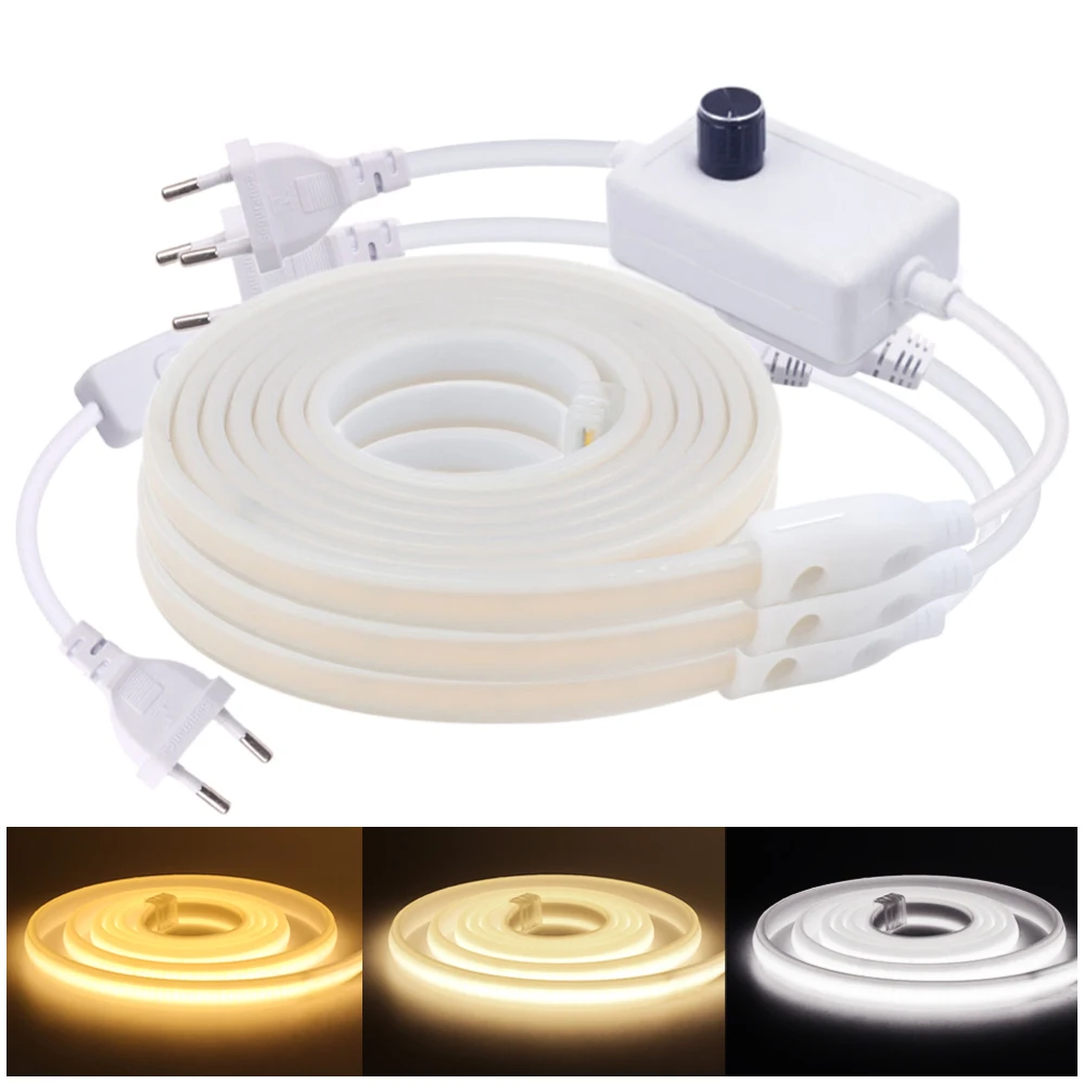 LED COB  Strip Neon Light Dimmable 220V AC Power Plug Kit 288 LEDs High Density Linear Lighting Flexible Tape Strips Waterproof