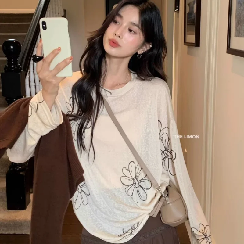 Women Unique Floral Print Long Sleeve T Shirt Women Summer Lazy Loose Lightweight Sun Protection Designer Cover Up Top