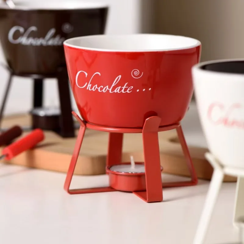 Hot Sale Ceramic Chocolate Fondue Pot Valentine Gift Ice Cream Cheese Melting Bowl Reusable Heat Safe with Fork No Candle
