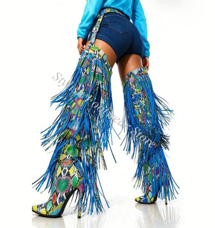 Sexy Fringe Waist Belted Multi Snake Print Over Knee Boots High Heels Pointed Toe Long Tassel Thigh Botas Shoes Woman