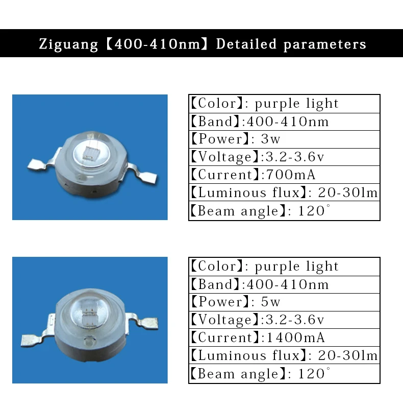 Luz violeta púrpura de alta potencia, 50 piezas, 365nm, 380nm, 395nm, 405nm, 3W, 5W, Detector Led, lámpara de curado UV, Chip