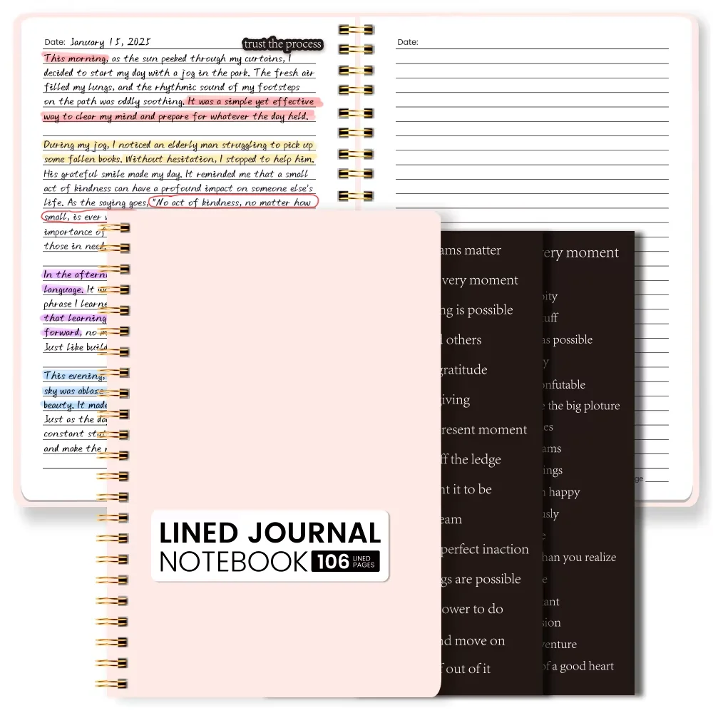 A5 Pink Lined Journal Notebook with Motivational Stickers, Spiral Diary, 106 Pages Aesthetic Planner for Women Work Study