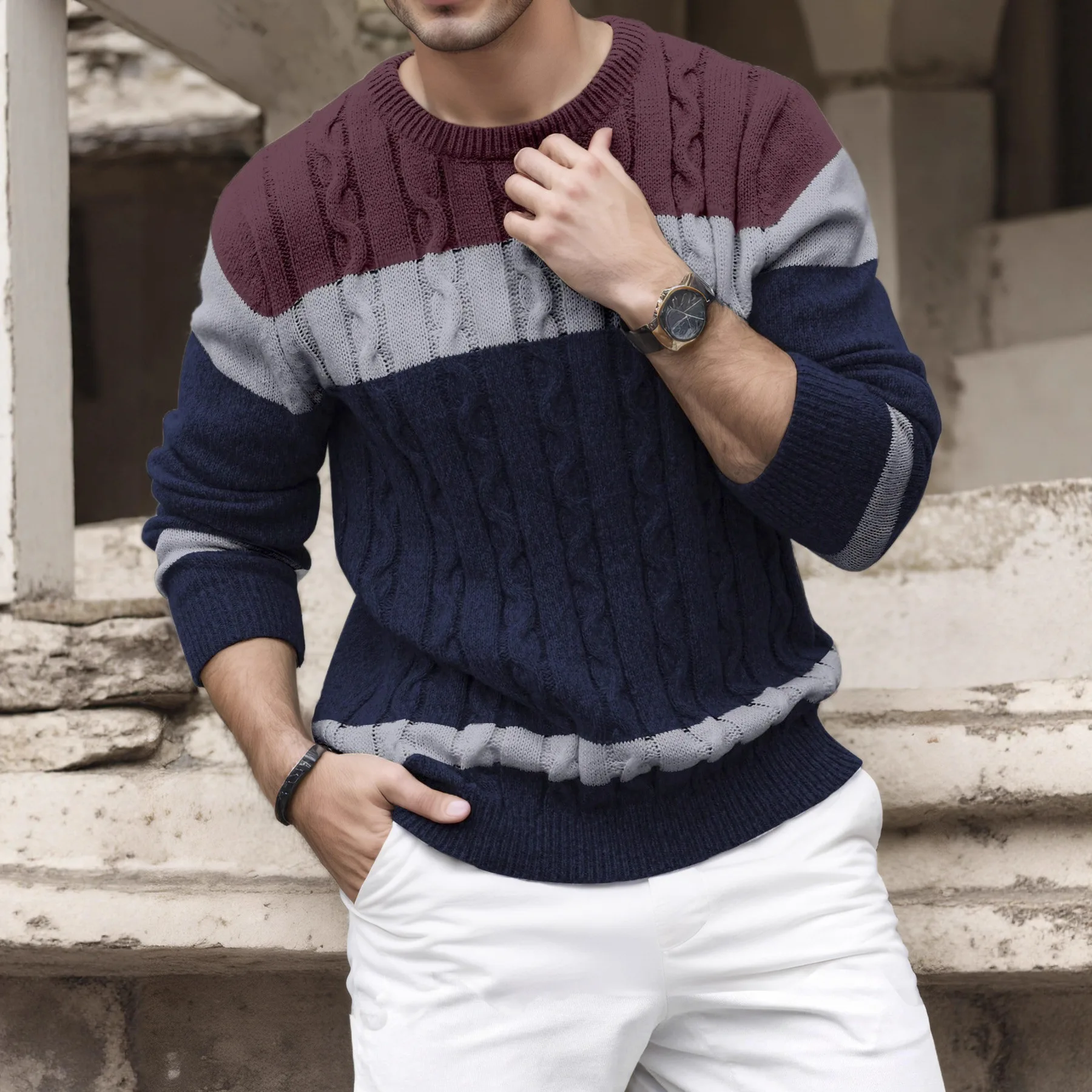 2026 Autumn Loose Version Crew Neck Knitted Sweater New Men's Color Matching Crew Neck Jumper