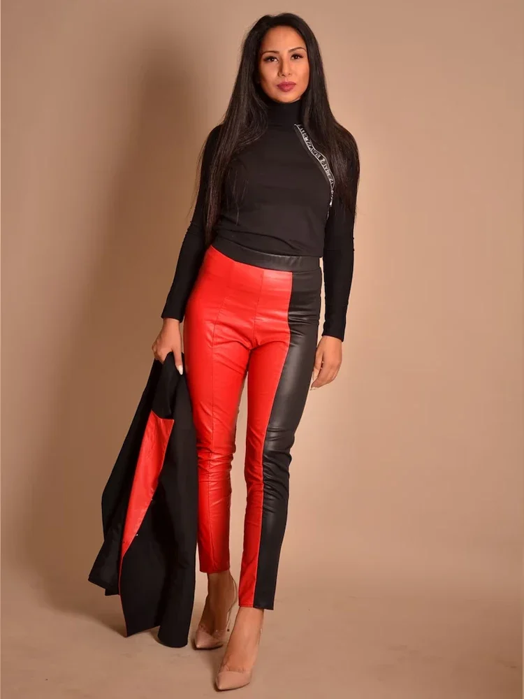 

Chic Contrast Color Faux Leather Pants Women Elastic High Waist Splicing Cropped Pants Ladies Casual PU Bodycon Pencil Pants New