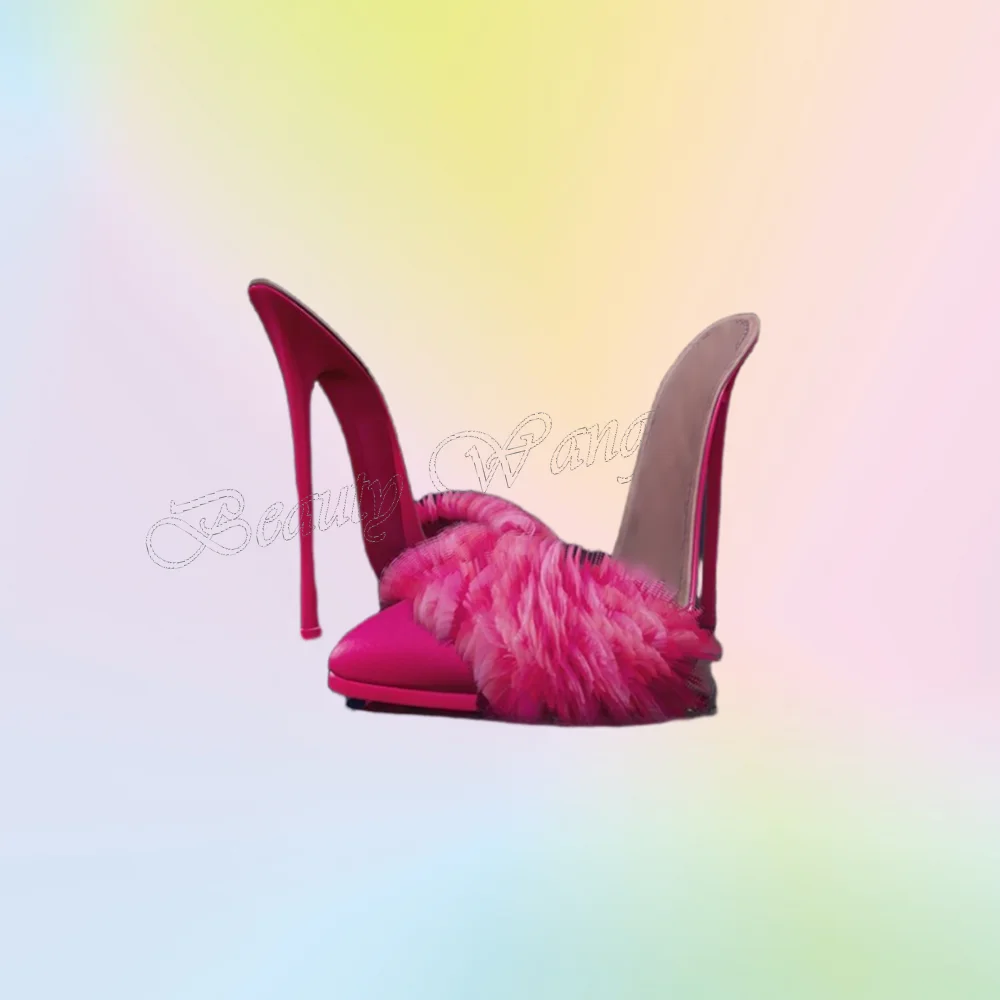 

Pink Fur Decor Pumps Slippers Solid Pointed Toe Thin Heel Cut Side Shoes High Heel Shoes for Women Shoes New Zapatos Para Mujere