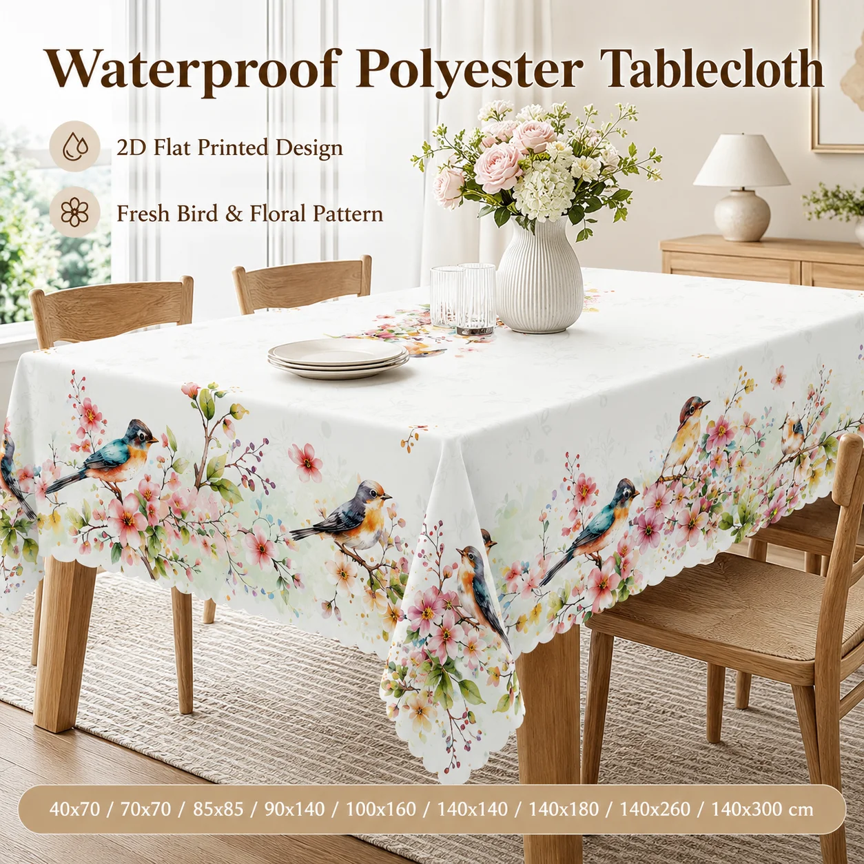 

Spring Summer Floral Bird Tablecloth Waterproof Polyester Table Cover 2D Flat Printed Peach Skin Fabric For Dining Room Decor