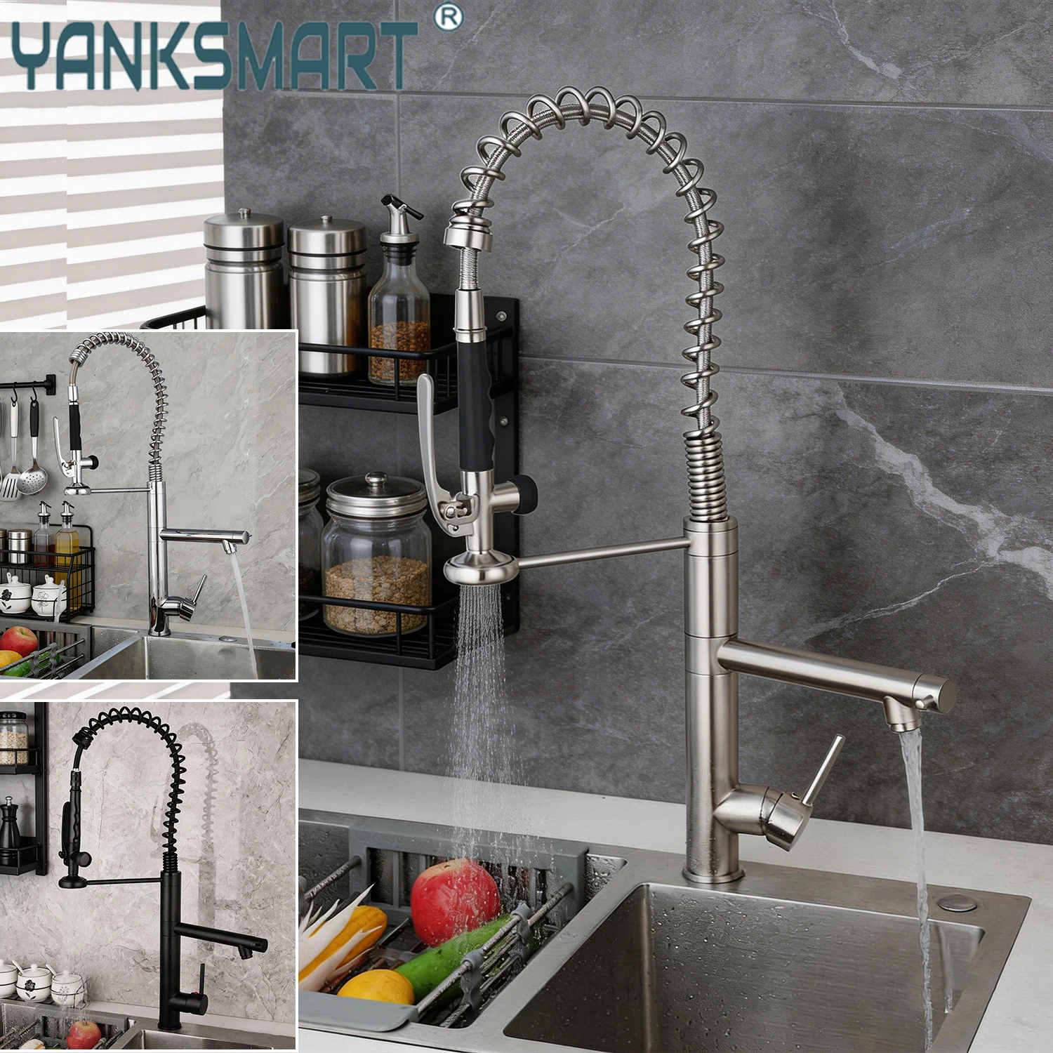 

YANKSMART Sturdy Rinse Spring Pull Down Kitchen Faucet Bain Single Handle With Sprayer Pull Out Sink Faucets Mixer Water Tap