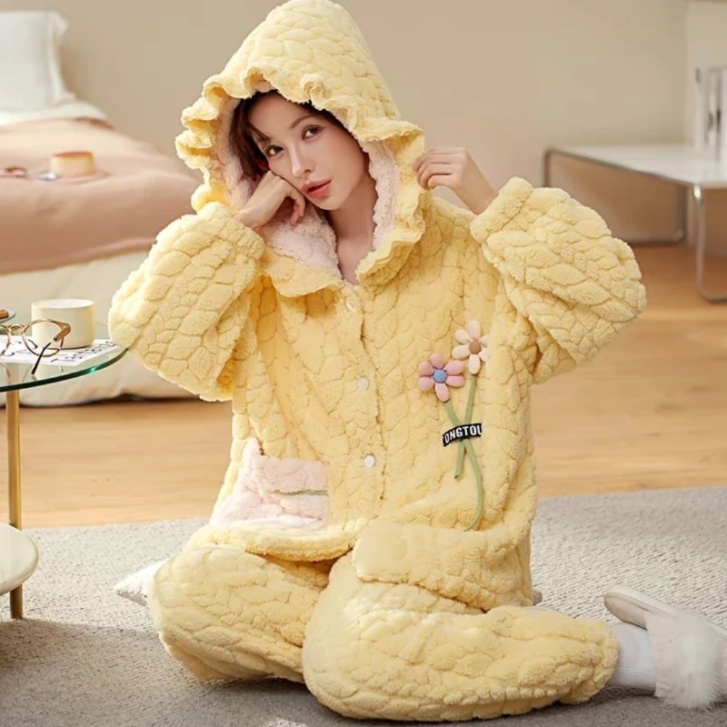 

Can Be Worn Outside Nighty Hooded Sleepwear Women's Coral Velvet Pajamas Autumn and Winter Warm Flannel Plus-size Homewear Set