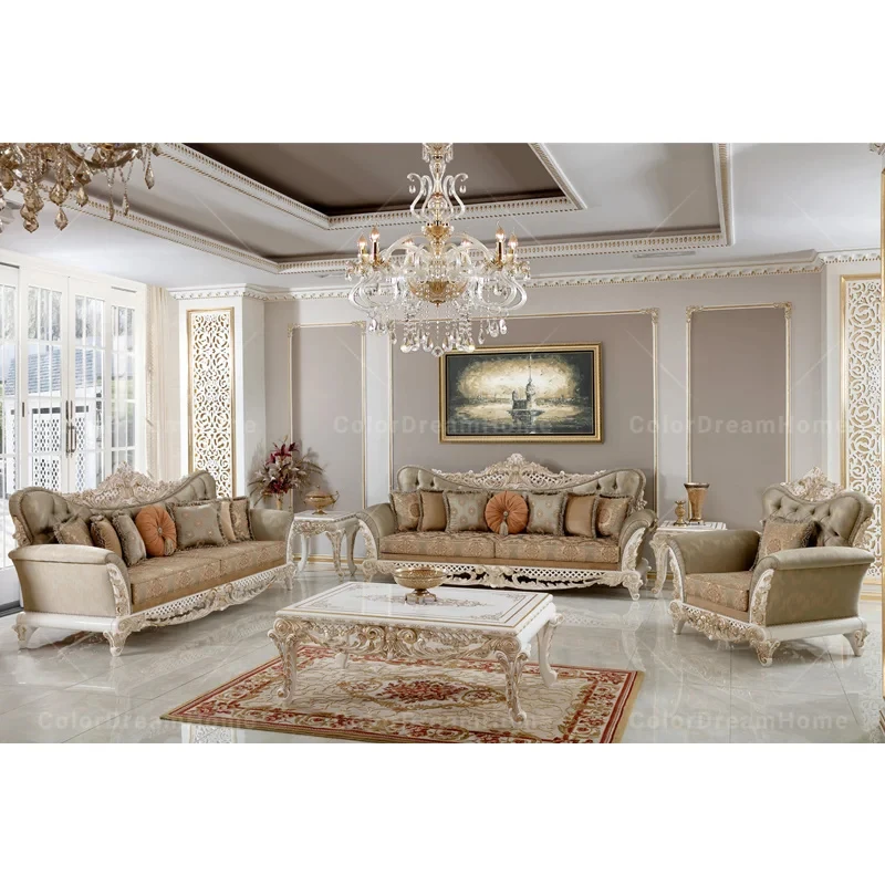 custom.Victoria Furniture Classic European Living Room Furniture Set With Coffee Tables and Sofa White With