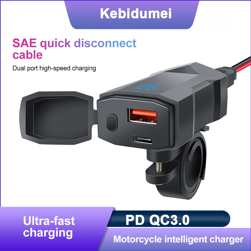 

Motorcycle PD+QC3.0 Fast Charger Handlebar Dual USB Socket with Switch Voltmeter Waterproof 12V Power Supply Adapter
