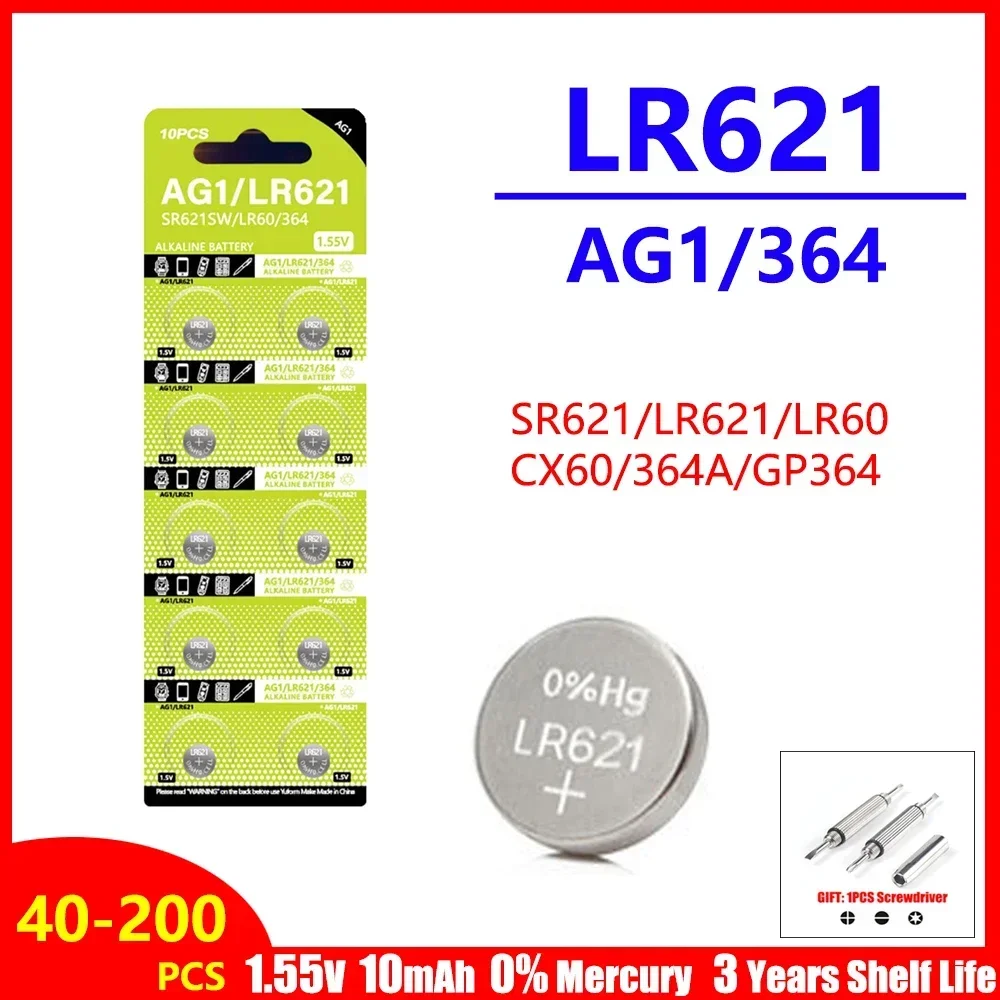 40-200PCSAG1 LR621 364 V364 164 531 SR621 SR621SW SR60 CX60 1,55 V batería alcalina para reloj llave de coche juguete remoto botón pila de moneda