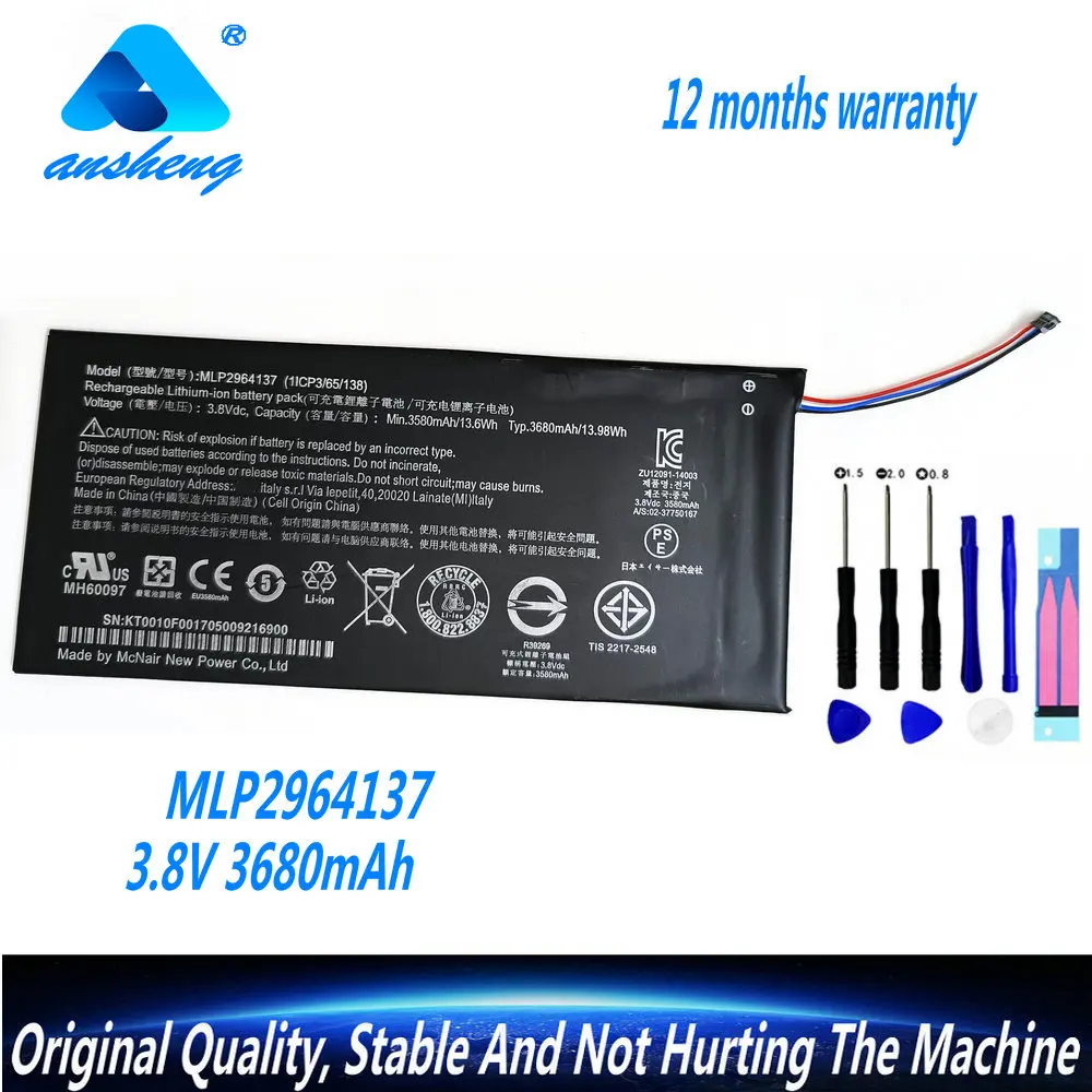 

Original 3.8V 3580mAh MLP2964137 Battery For Acer A1402 Iconia One 7 B1-730 B1-730HD Tablet PC