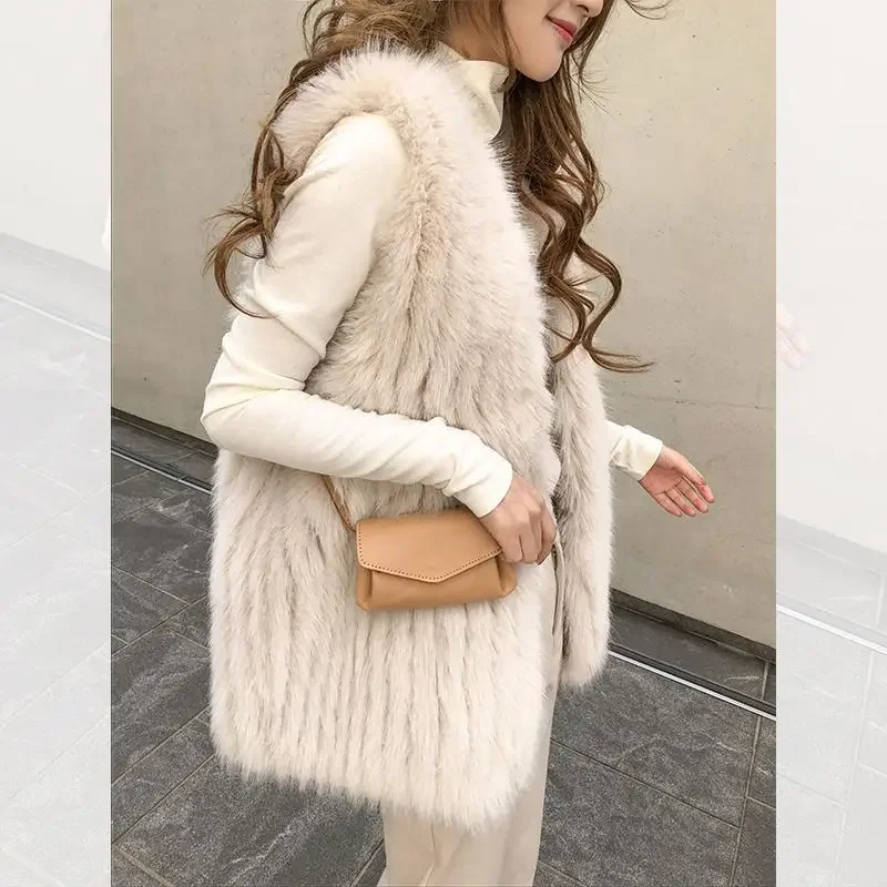 Winter Thick Warm Faux Fur Vest Slim Fit Women High Quality Fashion V-Neck Solid Color Flocking Fur Coat Female Waistcoat N54