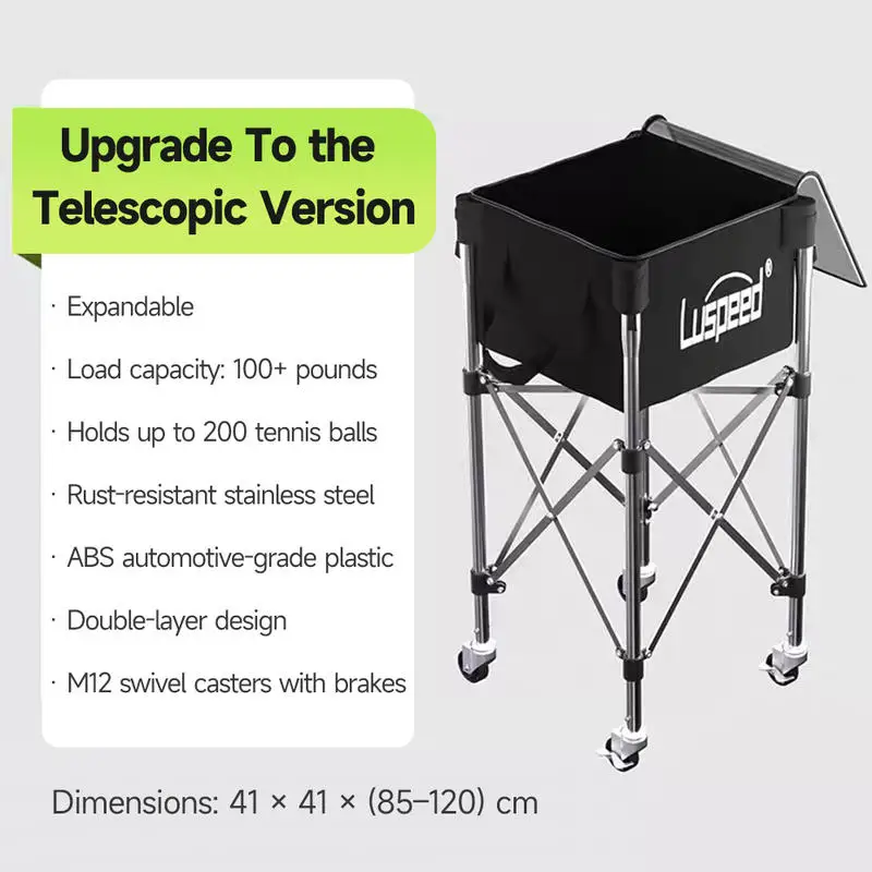 Durable Portable Lightweight Stainless Steel Foldable Tennis Ball Pickleball Hopper Basket Cart 200+ Balls Capacity 50kg