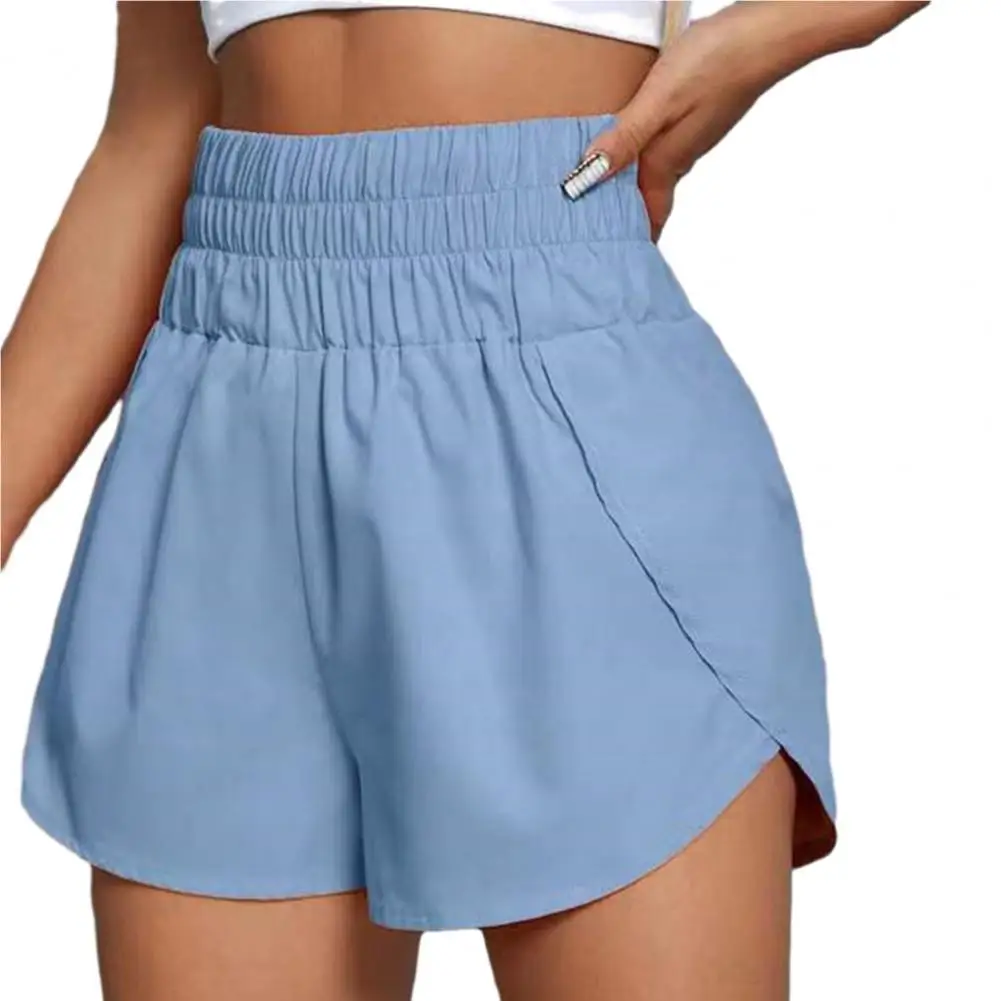 Shorts esportivos de secagem rápida respirável feminino, shorts de verão, cintura elástica alta, bainha dividida para jogging, exercícios de ginástica