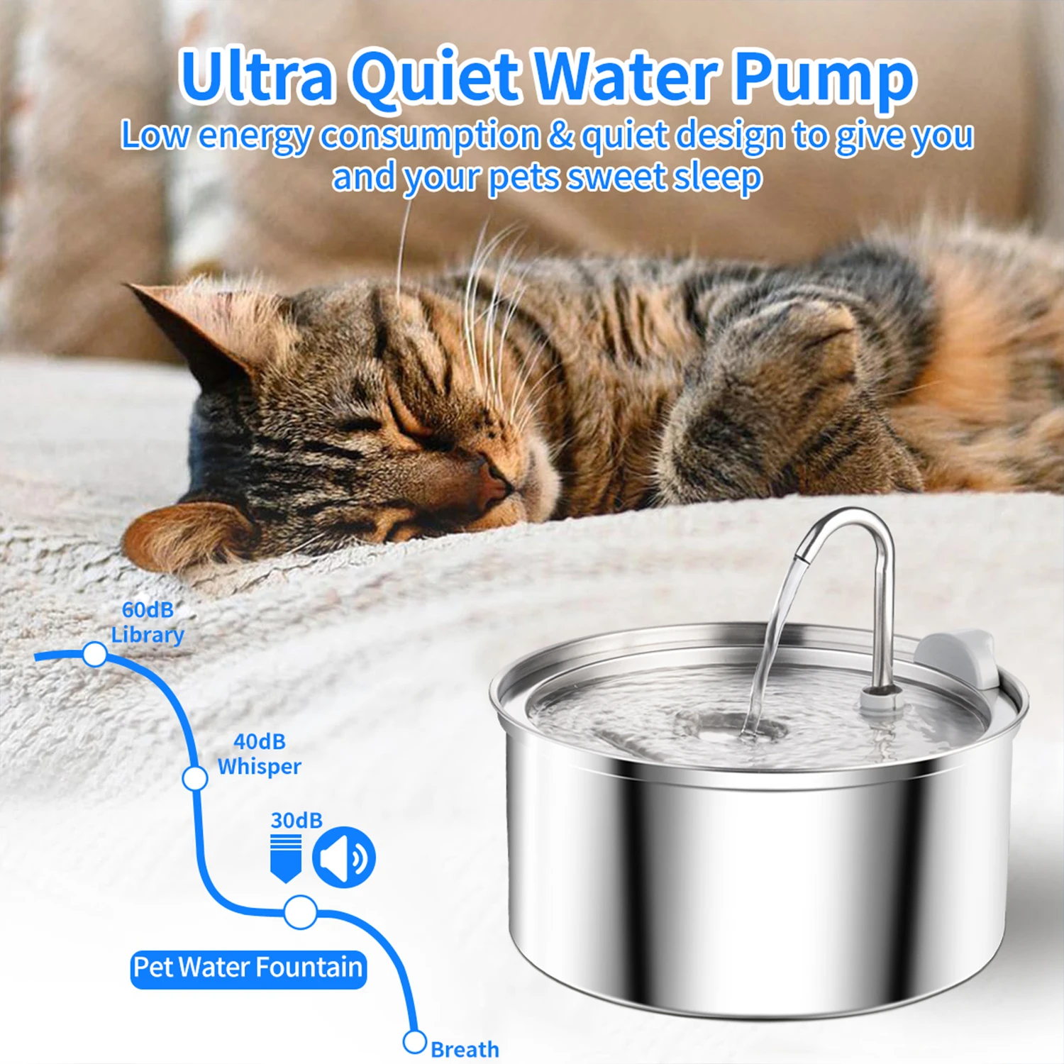 Cat Water Dispenser Super Quiet Pets Auto Filter Stainless Steel Dog Water Fountain USB Electric Mute Pet Drinking Dispenser