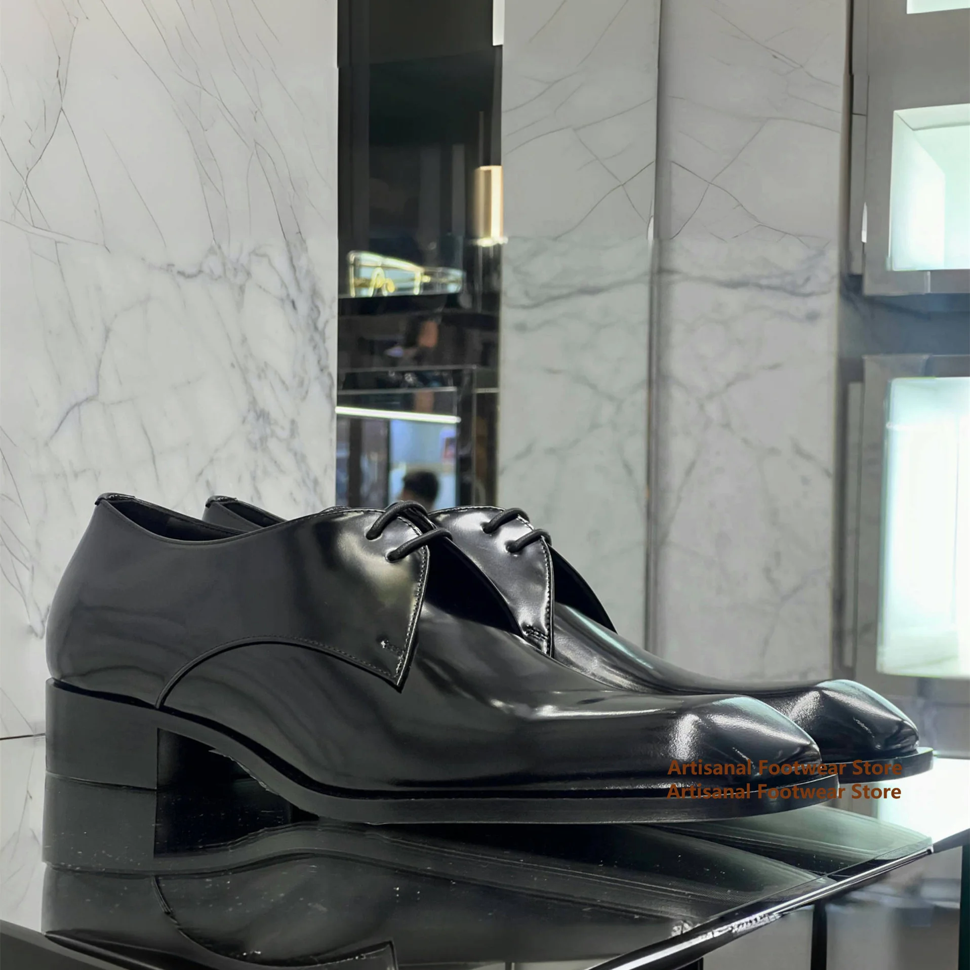 

Black Shiny Leather Square Toe Casual Leather Shoes Men's Derby Shoes Lace Up Loafers Formal Single Shoes Trendy Men's Shoes