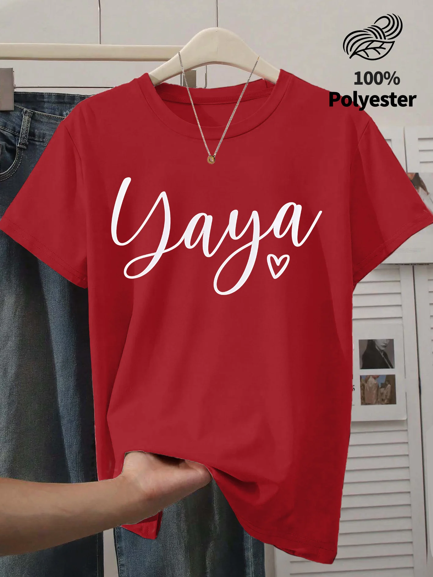Women's Casual Style Short Sleeved YAYA Heart Printed Round Neck Women's T-Shirt Summer Vacation Versatile Top