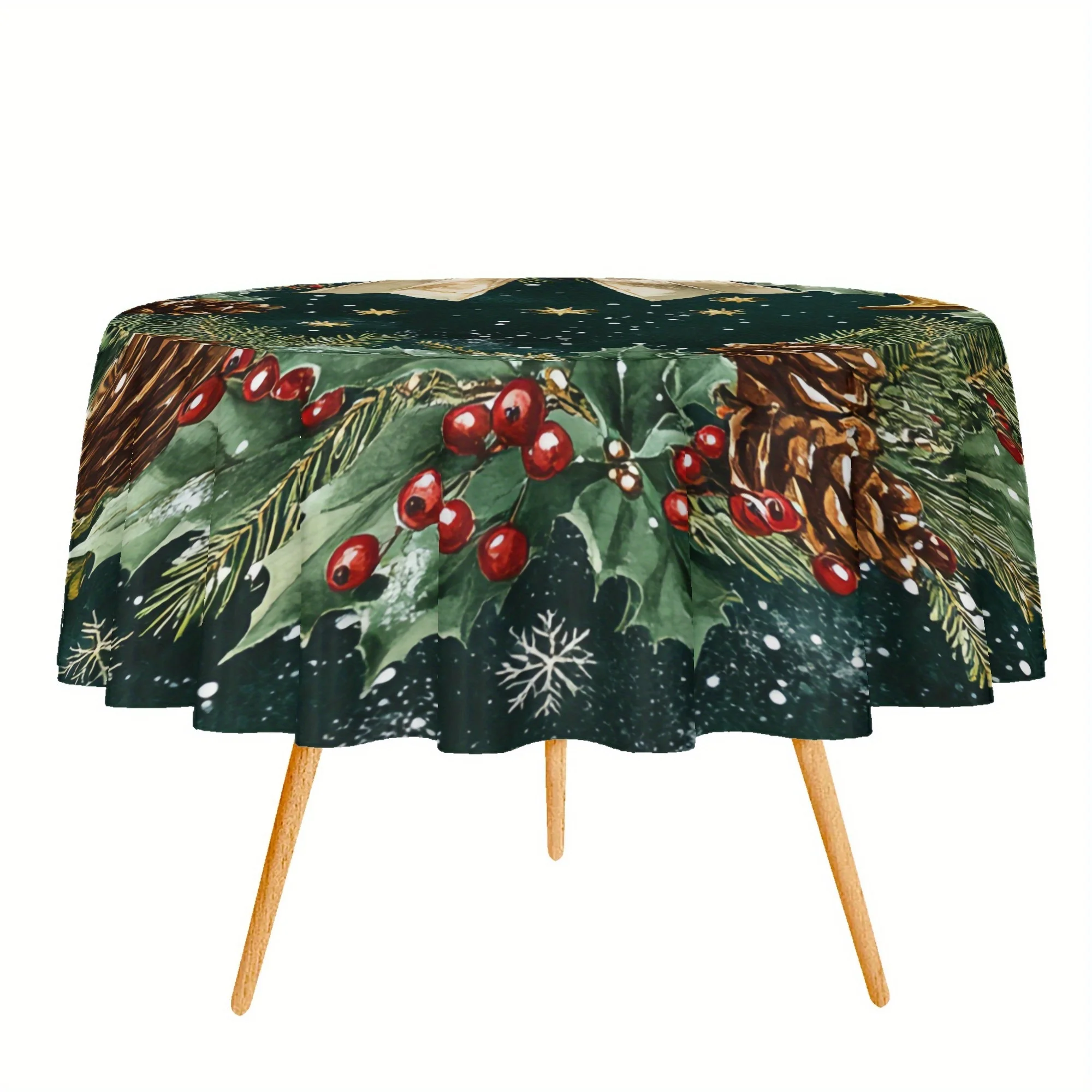 1 Christmas tablecloth round - festive pine wreath design with holly berries, snowflakes and stars, table decoration