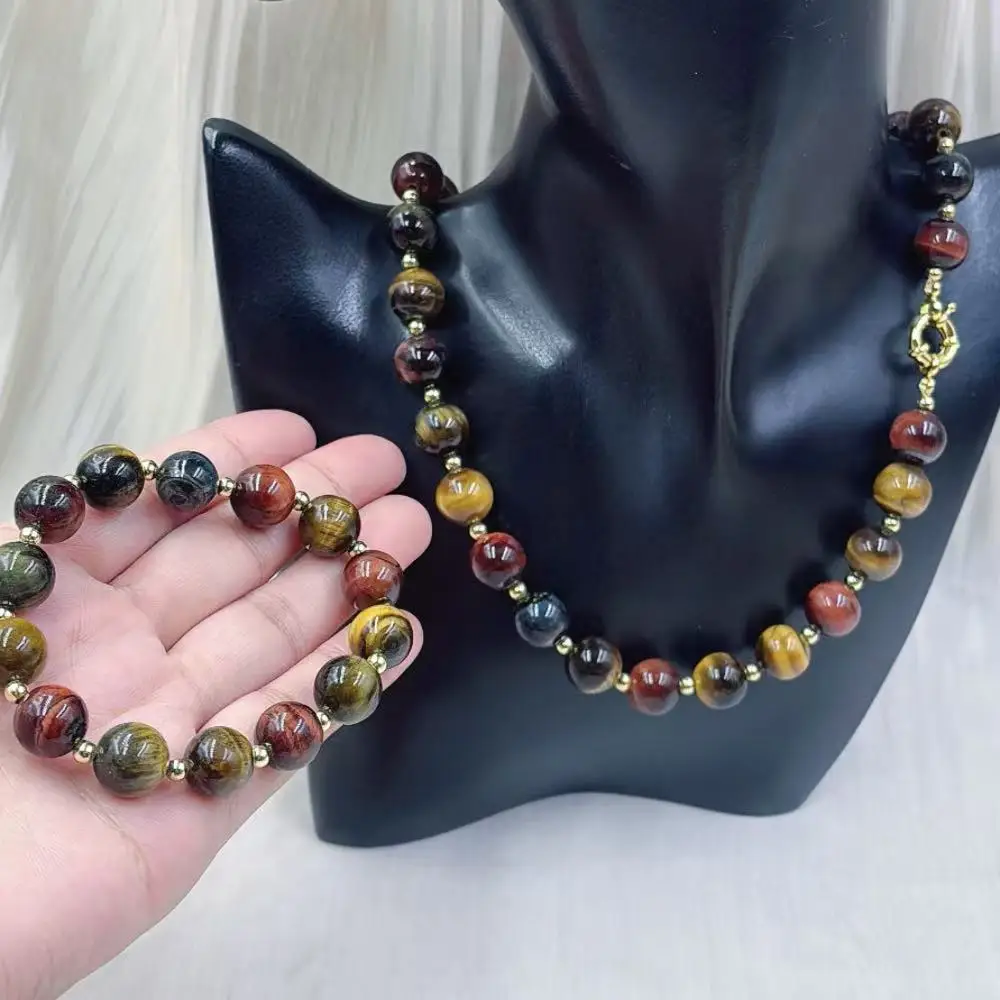 12mm Vintage Men Natural Mix Tiger Eye Lady Chokers Necklace Bracelet Jewelry Set 20inch 8inch