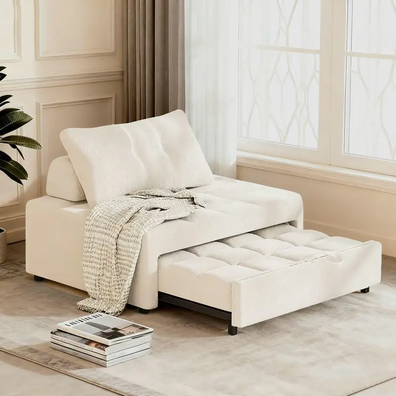 Double Sofa Bed Folding Single Dual-Use Cream Small Apartment Living Room Multifunctional Pull-Out Extendable Wood Sofa Bed