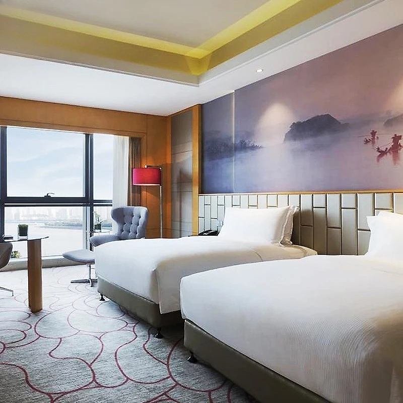 

New Chinese style hotel bedroom solid wood bed, family living room bed